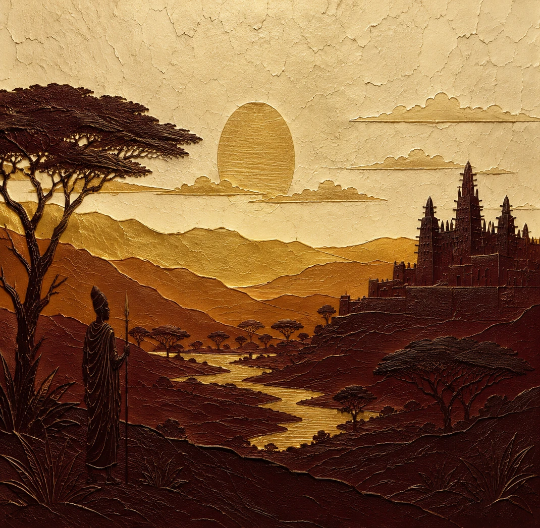 Illustrated African landscape at sunset